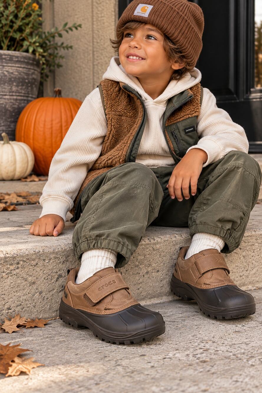 Crocs Kids C10/11 Brown Leather Hook Loop Duck Shoes Waterproof Toe